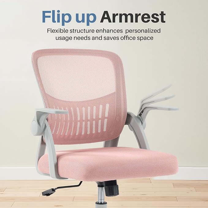 DUMOS Home Office Computer Chair - Ergonomic Mid Back Desk with Lumbar Support and Rocking Mode, Height Adjustable with Flip-up Armrest, for Conference Meeting Room, 360° Swivel, Adults, Pink