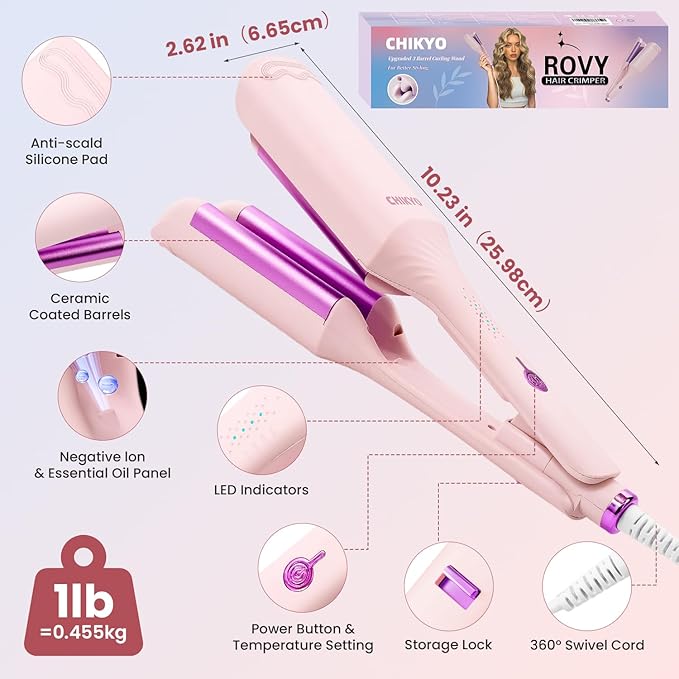 CHIKYO Upgraded 3 Barrel Hair Crimper Waver - 32mm Rovy Wave Curling Iron, 1.25 Inch Ionic Curling Wand, Deep Waver Hair Curler Hot Tool with Ceramic for Women, Dual Voltage, Easy to Use