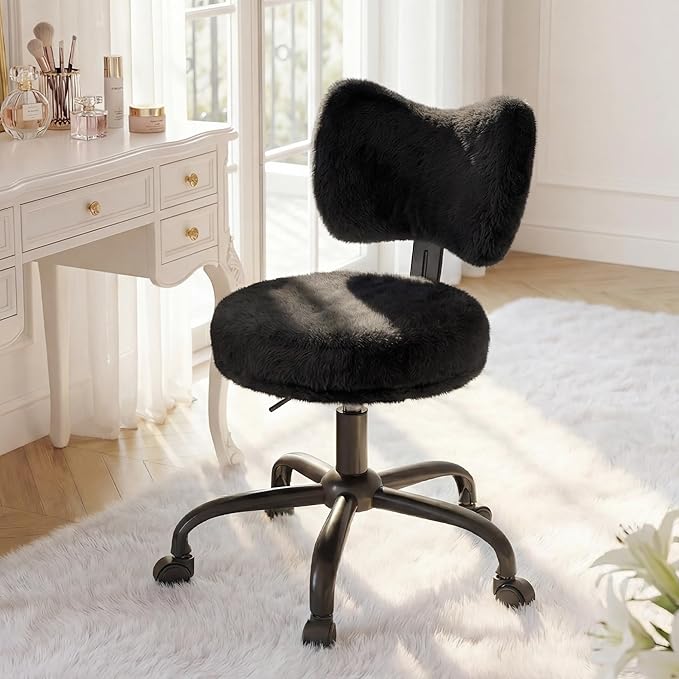Vanity Chair with Wheels, Cute Desk Chair with Bow Backrest, Fluffy Faux Rabbit Fur Small Office Chair for Vanity, Make-up Room, Bedroom, Dorm, Height Adjustable, Black