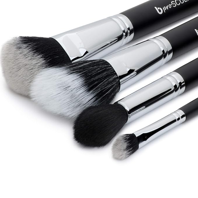 Contour Highlighter Makeup Brush Set with Case – Beauty Junkees 5pc Brushes Kit with Blender Sponge for Full Face Contouring Sculpting Highlighting with Powder Cream Cosmetics, Soft Synthetic Vegan