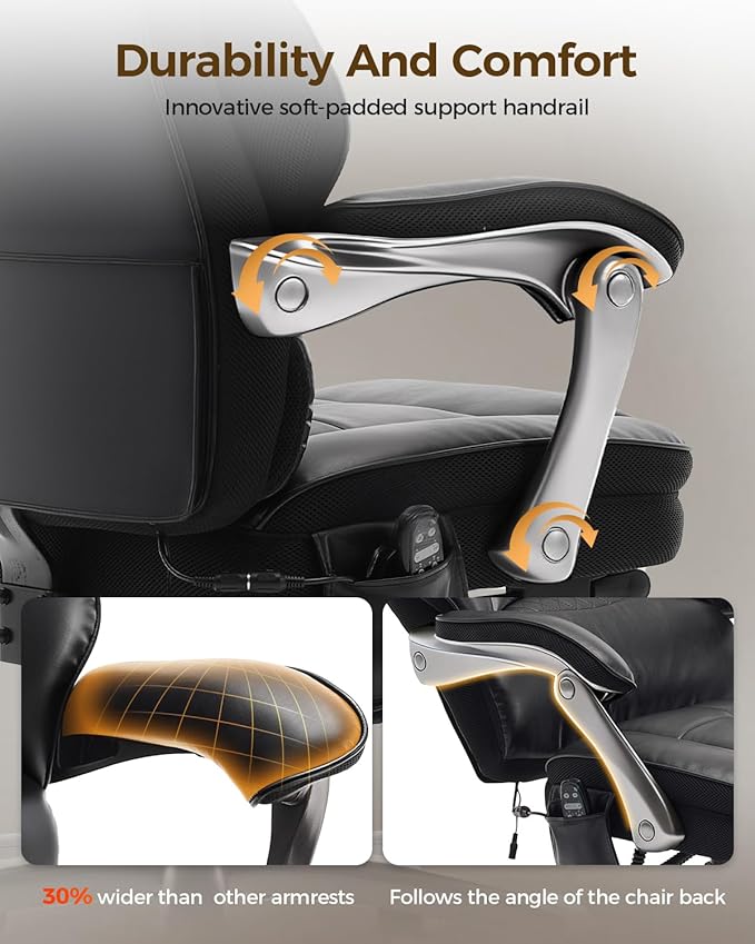 600LBS Big and Tall Office Chair with Massage and Heat, 23.5" Wide Leather Office Chair with Back Support, Ergonomic Comfort 140° Reclining Desk Chairs Managerial Chairs for Heavy People