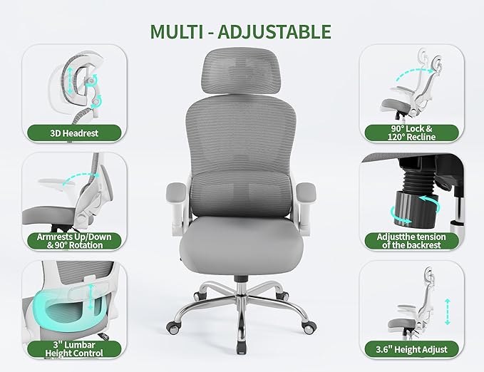 Ergonomic Office Chair - Computer Desk Chairs Comfy, Mesh High-Back Gaming Chair with Adjustable Lumbar Support, Executive Task Chair for Adults, Comfortable for Long Hours (Gray)
