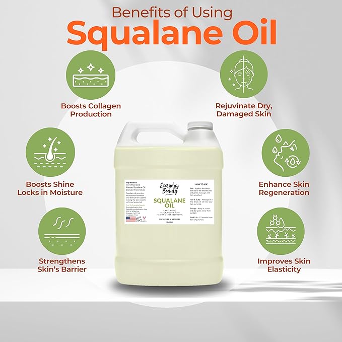 Squalane Oil Bulk - 1 Gallon 100% Pure & Natural Plant Derived Facial Oil - Cold Pressed and Unrefined Premium Grade Multipurpose Moisturizing Oil For Skin and Hair