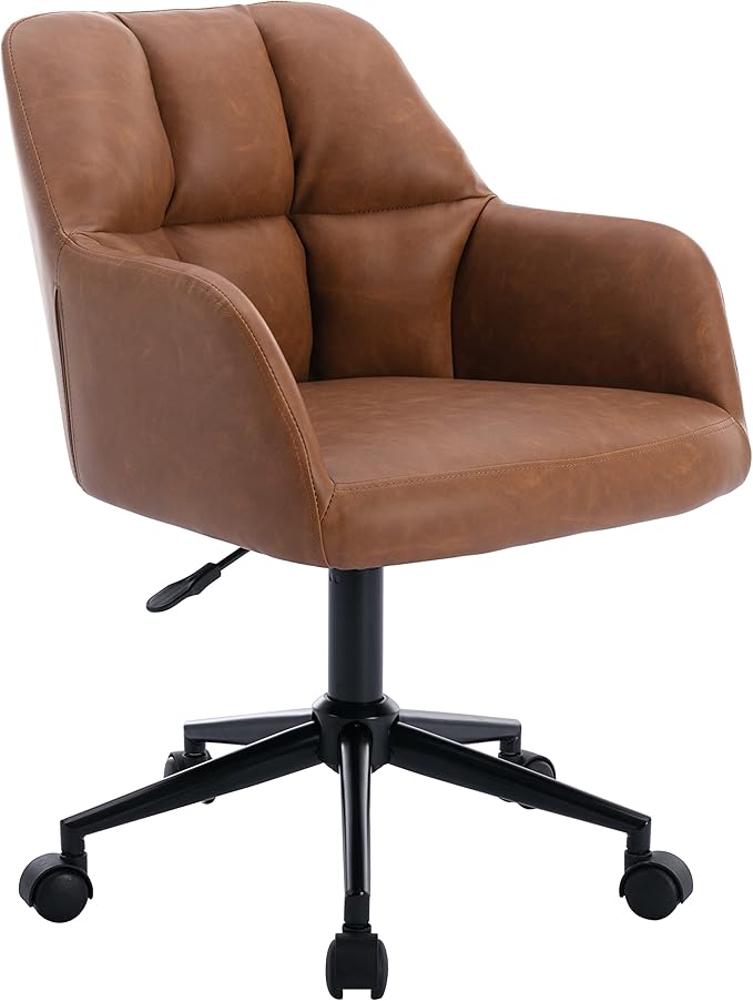 Modern PU Leather Office Desk Chair with Armrest, Height Adjustable Wide Seat Computer Task Chair for Home Office, Mid Back Accent Chair, Brown