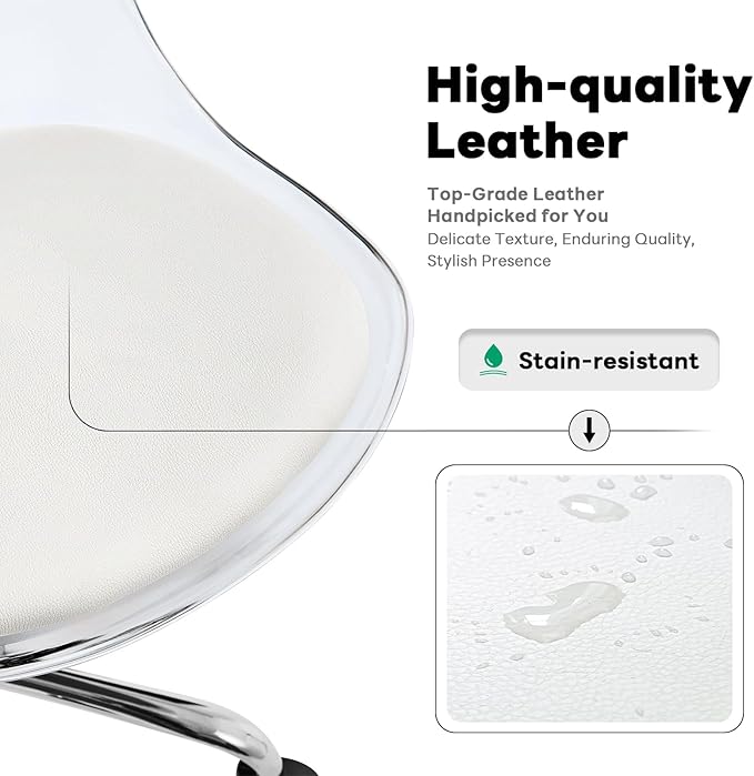 Lessmore Clear Acrylic Desk Chair with Pu Leather Cushion, Adjustable Home Office Chair with Wheels, Rolling Armless Vanity Chair for Office, Home, Make Up, Small Space, Bedroom(Silver)