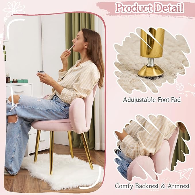 VINGLI Petal Makeup Vanity Chair with Back,Flower Cute Girls Desk Chair Comfy No Wheels,Modern Dining Chair,Small Accent Chair with Adustable Gold Legs&Bow Pillow for Home Office,Bedroom,Velvet,Pink