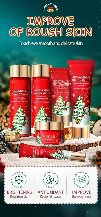 Christmas Skincare Kit Gift 6 Pcs with Facial Cleanser, Sleeping Mask, Lotion, Face Cream, Eye Cream, Toner Moisturizing & Nourishing Skin For Women Teen Girls Pomegranate Extract (Pomegranate)