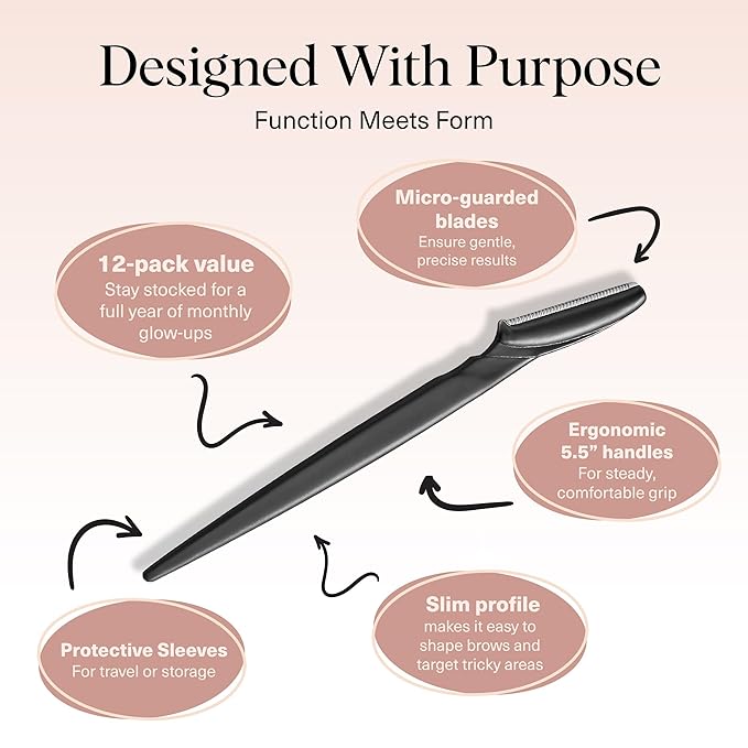 Kitsch Dermaplane Razor for Women Face – Face Razors for Women & Men, Eye Brow Razors & Face Shaver – Exfoliating Facial Razor & Dermaplaner as Skin Care Tool for Smoother Skin - Black, 12 pcs