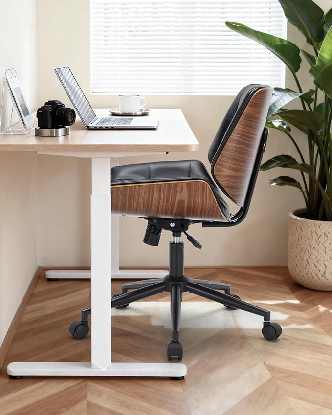 Leather Home Office Chair No Arms,Armless Adjustable Height Small Desk Chair,Swivel Computer Chair with Wheels,Mid-Century Modern Walnut Mid Back Chair for Office, Reading Room,Bedroom(Black)