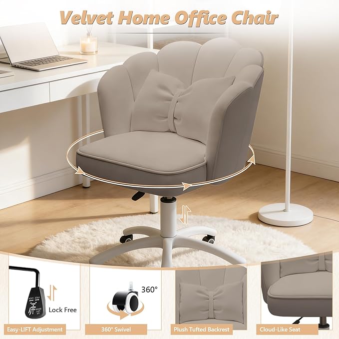 Home Office Desk Chair Swivel Rolling Vanity Chair with Silent Wheels and Comfortable Back, Adjustable Height Upholstered Computer Task Chair for Makeup, Bedroom