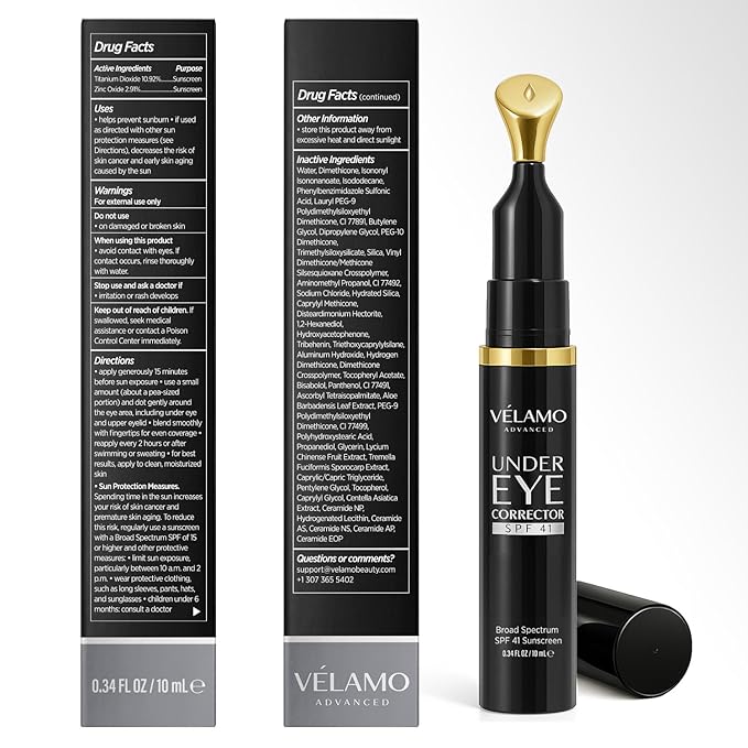 VELAMO ADVANCED Luminous Eye Corrector SPF 41: Under Eye Color Corrector for Dark Circles, Fine Lines & Puffiness - Hydrating Anti Aging Eye Cream with Ceramides Complex - Medium, 0.34 FL OZ/10mL