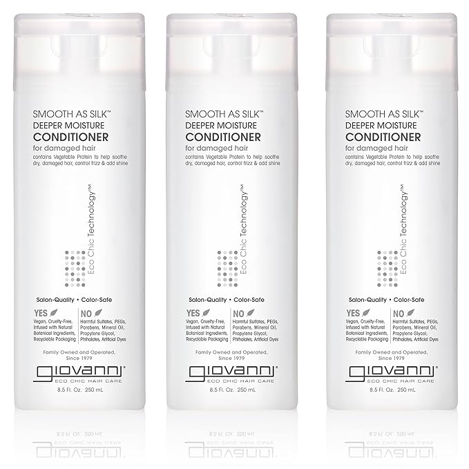 GIOVANNI Smooth As Silk Deeper Moisture Conditioner - Calms Frizz, Adds Moisture, Detangles, Wash & Go, Co Wash, Infused with Natural Botanical Ingredients, Color Safe, Sulfate Free - 8.5 oz (3 Pack)