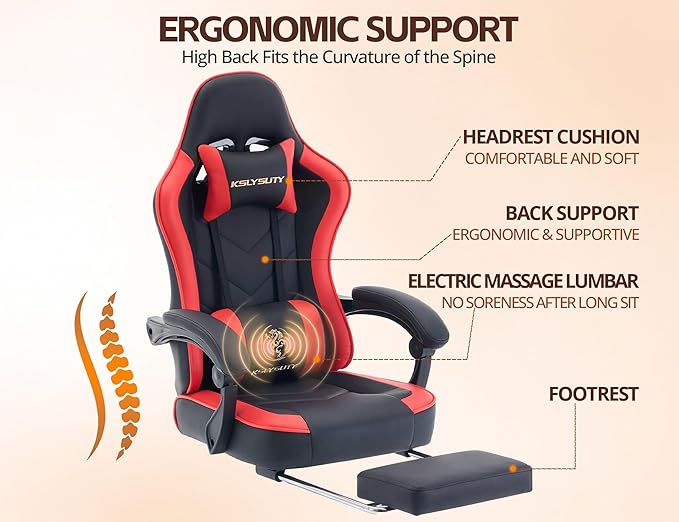Office Chair Breathable Leather with Pocket Spring Cushion, Wide and High Ergonomic Computer Gaming Chair with Headrest and Footrest for Adult and Teen, Black and Red