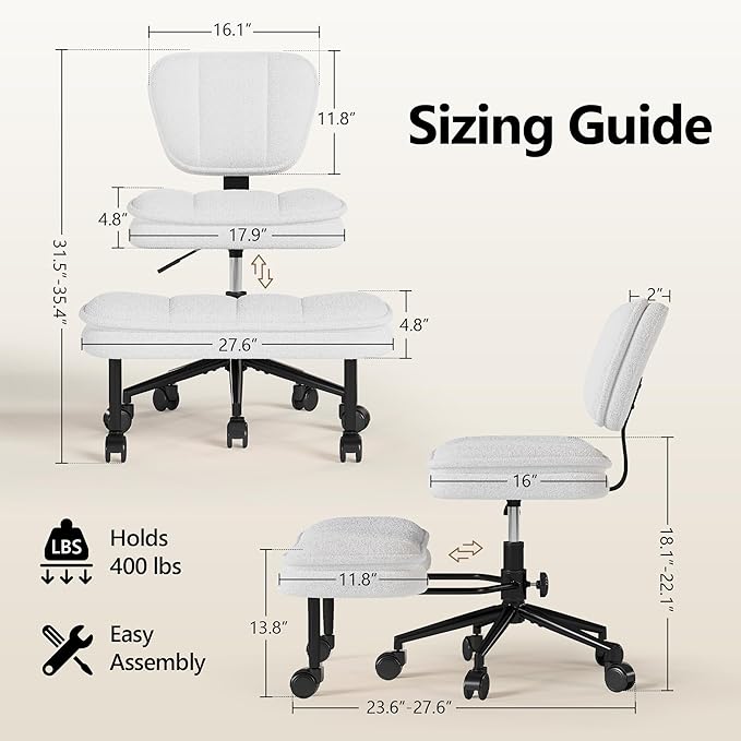 AODAILIHB Ergonomic Cross Legged Office Chair with Pull-Out Stool, 360° Swivel Teddy Fabric Meditation Chair with Wheels, Height Adjustable Kneeling Chair with Lumbar Support for Home Office, White