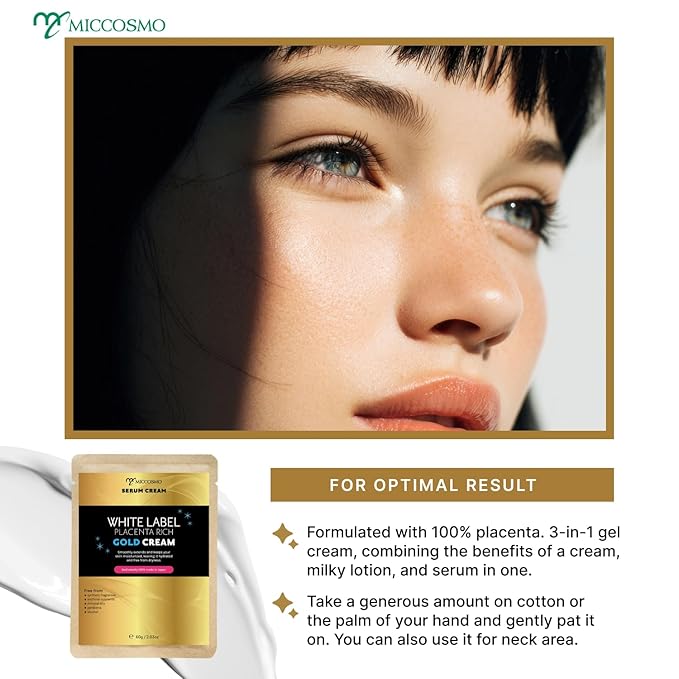 White Label Placenta Rich Gold Gel Cream 60g – Moisturizer with Placenta, Hyaluronic Acid & Collagen – 3-in-1 Hydrating Gel Cream for Smooth, Supple & Hydrated Skin