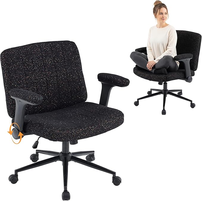 VINGLI Criss Cross Chair with Adjustable Flip-Up Arms,Cross Legged Chair with Wheels,Extra Wide Office Chair,Desk Chair for Home Office,Vanity,Bedroom, Apartment,Starry Chenille,Black