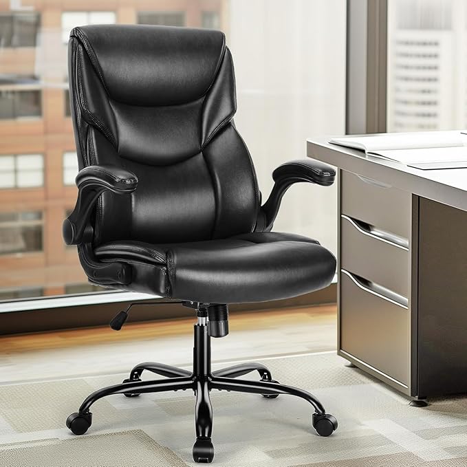 DUMOS Office Chair Set of 2 - Ergonomic Executive Computer Desk Chairs with Adjustable Flip-up Armrest, Swivel Task Chair with Lumbar Support, Strong Metal Base, PU Leather, Black