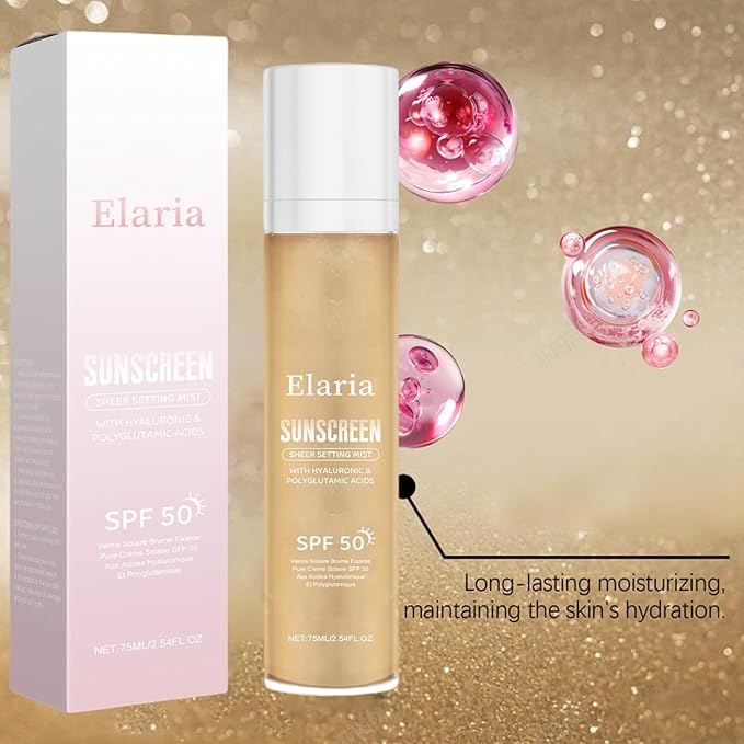 Elaria Sheer Setting Mist Sunscreen SPF 50, Shimmer Body Oil Spray for Face & Body, Lightweight, Non-Greasy, Hydrating Makeup-Friendly Glow Spray for All Skin (2)
