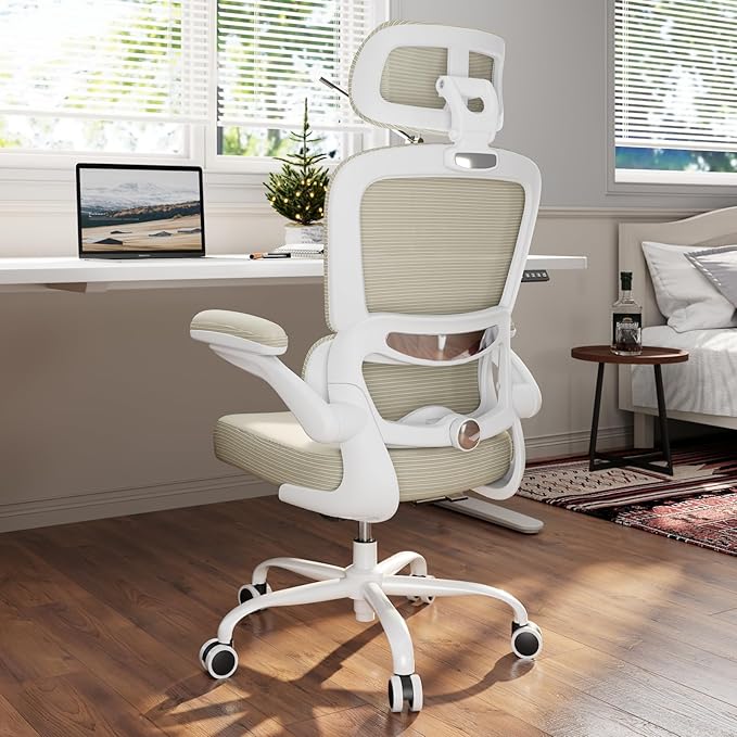 TRALT Ergonomic Office Chair - Desk Chair with Adjustable Headrest Lumbar Support Computer Chair - Mesh Comfy Chair with Flip-up Armrests - Gaming Chairs for Adults Home Office (Leather, Beige)