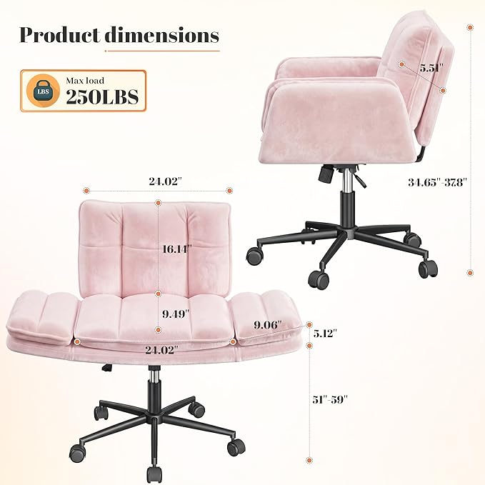 Criss Cross Chair with Wheels, Pink Desk Chair with Adjustable Armrests, Vanity Chair with Back for Bedroom, Makeup Room and Office Room