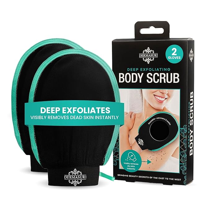 Dermasuri - Deep Exfoliating Glove for Shower - Scrubbing Mitt Body Scrubber Gloves - Korean Skin Cleaner Exfoliator - Dead Skin Buffing Treatment - Keratosis Pilaris Scrub Remover - (2 Pack)