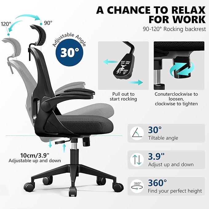 Ergonomic Office Chair, Mesh Desk Chair with Adjustable Headrest & Lumbar Support, Rolling Computer Chair with Flip-up Armrests, Comfy Swivel Home Office Chair for Long Hours - Black