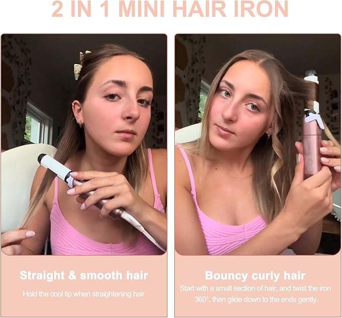 VAV Mini Travel 2 in 1 Curling Iron Small Hair Straightener and Curler Dual Voltage Flat Iron,1 Inch Hair Iron,Ceramic Portable Curling Wand,for Short Hair,Curls Bangs (Rose Gold)