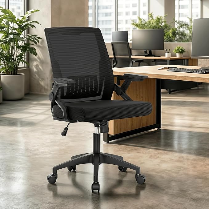 Ergonomic Office Chair, Home Desk Chair with Flip-Up & Adjustable Armrest, 135° Reclining Tilt Lock, Thickness Cushion Mesh Back Office Chairs for Man Woman