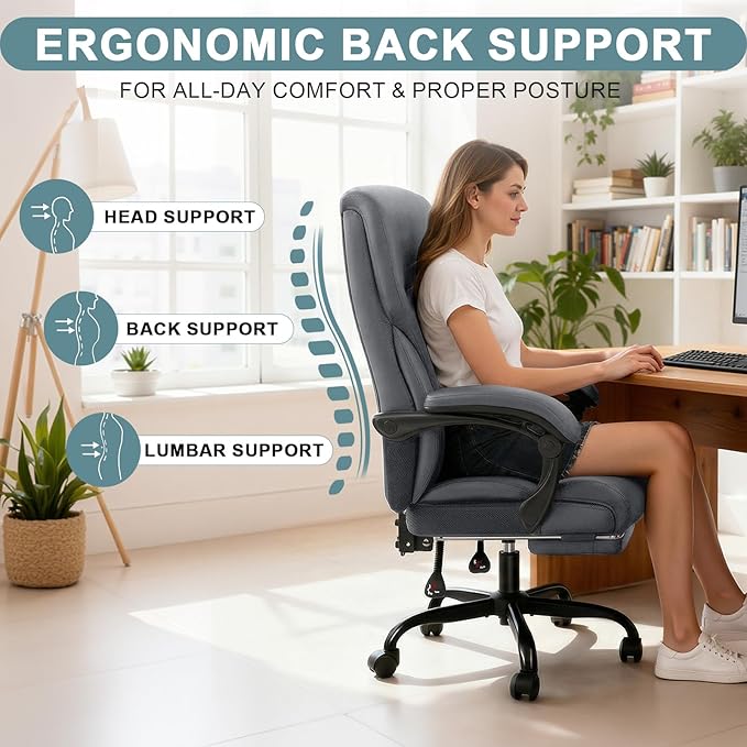 Executive Office Chair,High Back Ergonomic Comfy Desk Chair with Footrest and Padded Linkage Armrests,PU Leather Heavy Duty Computer Swivel Rolling Task Chair for Home Office,Adults,Gray