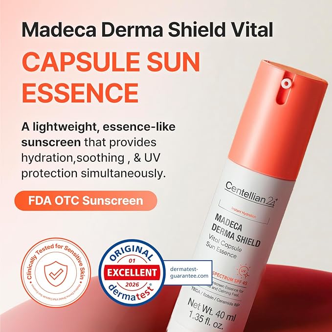 CENTELLIAN 24 Madeca Derma Shield Vital Capsule Sun Essence Broad Spectrum SPF45 40ml – Lightweight Essence Sunscreen with TECA, Hydration, Soothing Cooling Care & Barrier Support for Sensitive Skin