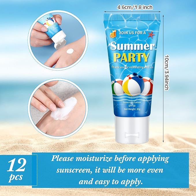 12 Pcs Mini Sunscreen Bulk for Summer Travel Size Spf 30 Water Resistant Sunscreen Lotion Bulk for Thank You Gifts Hawaiian Wedding Bridal Party Favors for Pool Wedding(Summer Party)