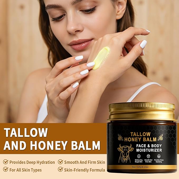 Beef Tallow Balm Skincare for Women,Moisturizer Tallow and Honey Cream for Face & Body,Deeply Hydrating Beef Tallow Skin care for All the Skin Type,Black(120g/4.23 Oz)