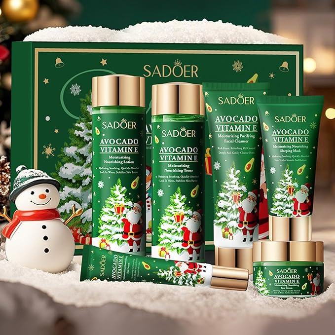 Christmas Avocado Skincare Gift Set, 6pcs Deep Moisturizing Skin Care Kit with Facial Cleanser, Toner, Lotion, Face Cream, Eye Cream, Sleeping Mask For Women Teen Girls