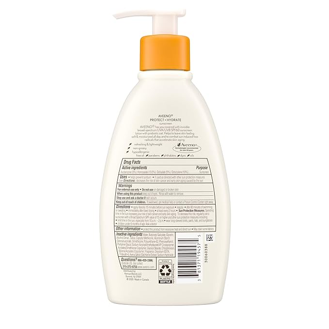Aveeno Protect + Hydrate Sunscreen Moisturizing Lotion with Prebiotic Oat,Broad Spectrum SPF60,Paraben,& Oil Free,Weightless,Water & Sweat Resistant (80-min) for Sensitive Skin,12 Fl Oz,(Pack of 2)