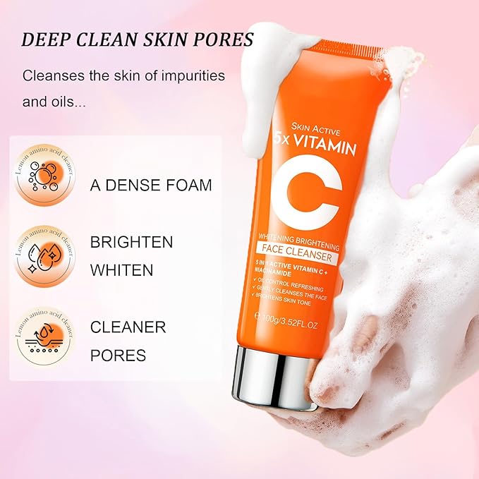 5X Vitamin C Face Cleanser 100g with Niacinamide & Hyaluronic Acid - Gentle Pore Refining Daily Wash for Oily, Dull Skin | Oil Balancing, Radiant Hydrated Complexion, Gift for Women