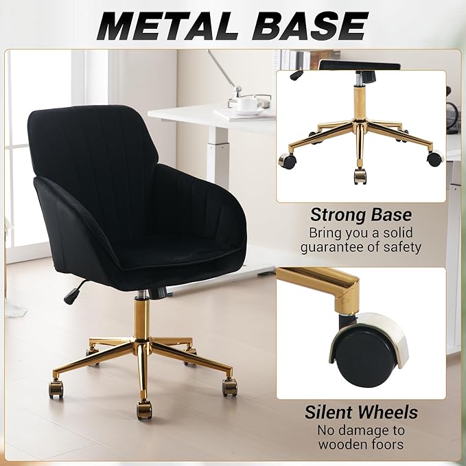 YISHENG Velvet Home Office Chairs with Gold Base, Height Adjustable 360 Degree Swivel Desk Chair with Wheels, Upholstered Tufted Modern Vanity Chairs for Living Room, Bedroom,Study Room (Black)