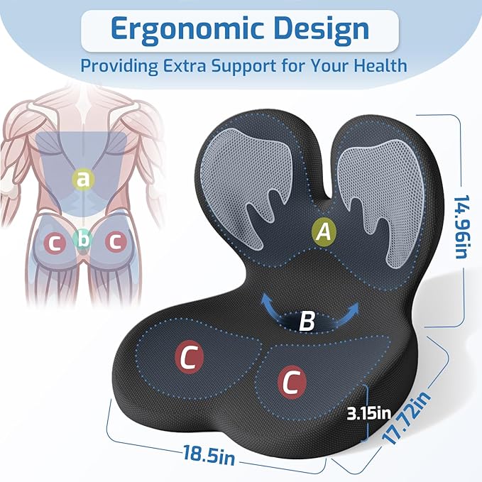Ergonomic Seat Cushion,Office Chair Cushion with Lumbar Support Pillow,Memory Foam Car Seat Cushions,Designed for Sciatica, Tailbone,Back Pain,Back Cushion for Office,Car,Home Desk Chair