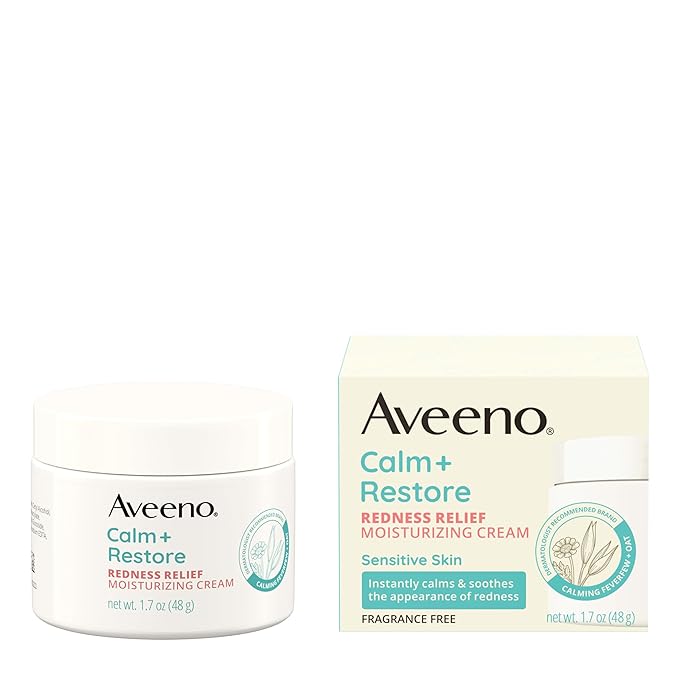 Aveeno Calm + Restore Facial Moisturizer Face Cream for Redness Relief, Non-Comedogenic, Ceramide & Vitamin B5, Hydrating for Dry, Sensitive Skin, Hypoallergenic, Fragrance-Free, 1.7 oz