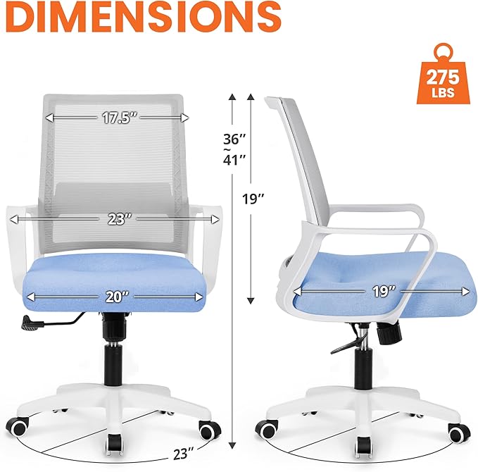 NEO Chair Office Chair Gaming Desk Computer Chair Ergonomic Mesh Mid Back with Wheels Lumbar Support Comfy Swivel Adjustable for Home (Sky Blue)