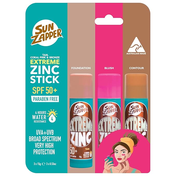 Sun Zapper Extreme Zinc Sunscreen Stick Beauty 3-Pack SPF 50+ Tan Bronze Coral Pink – Tinted Mineral Makeup Sunscreen Sticks for Face, Water Resistant, 15g (0.53 oz) Each, Made in Australia