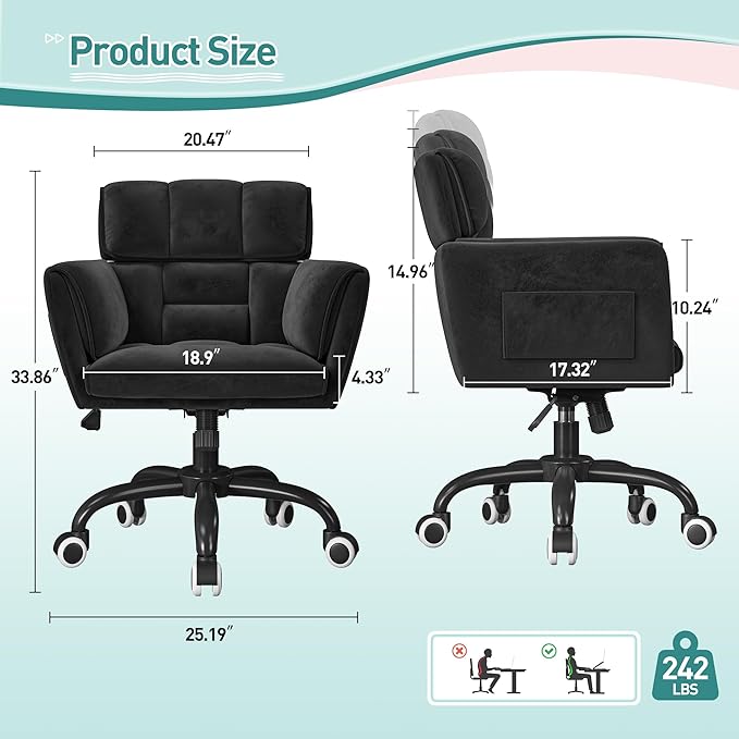 Home Office Chair with Wheels Soft-Touch Material,Modern Cute Vanity Chair with Back Adjustable Height Upholstered Comfy Desk Chairs with Side Pockets for Bedroom,Black