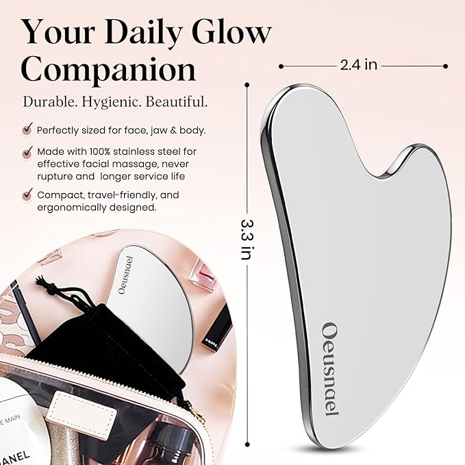 Stainless Steel Gua Sha Facial Tools, Lymphatic Drainage Massager for Face, Face Sculpting & Jawline Shaper, Puffiness Reducing, Neck Body Guasha Tool, Skin Care Gift for Women Men with Pouch