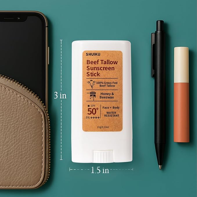 Beef Tallow Sunscreen Organic Stick SPF 50 – Non Nano Zinc Oxide Tallow-Based Mineral Sunscreen with Honey & Beeswax for Face & Body, Water-Resistant Natural Sunblock, 0.53 oz