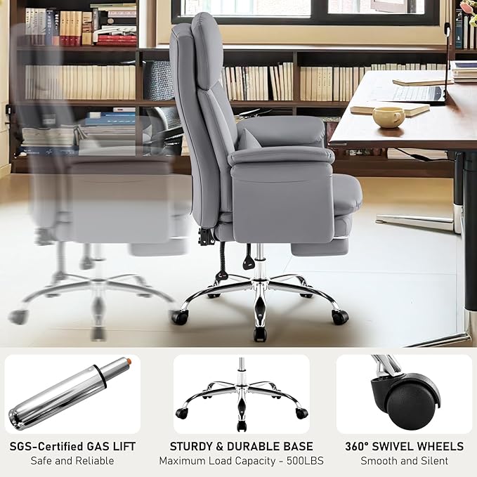 Comfortable Home Office Chair with Footrest 400lbs, Premium PU Leather Office Chair with High Back Adjustable Lumbar Support Double-Layered Armrests,Reclining Chairs,Gray