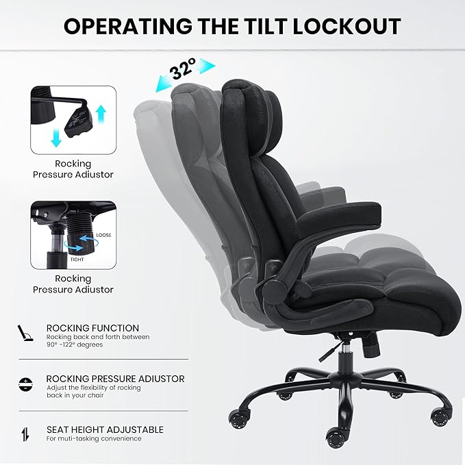 500lbs Big and Tall Office Chair Adjustable Lumbar Support for Back Pain, Extra Wide Seat Executive Office Chair Thick Armrest Pad, Heavy Duty Base&Upgraded Wheels, Ergonomic Comfy Computer Desk Chair