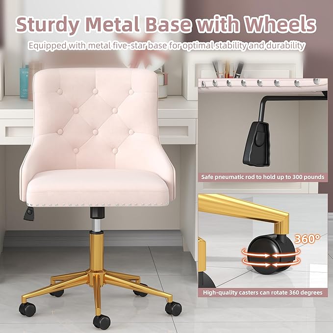 Westice Velvet Desk Chairs, Upholstered Swivel Comfy Makeup Vanity Chair with Tufted Back, Gold Metal Base & Wheels, Height Adjustable Chair for Girls, Bedroom Living Room, Light Pink