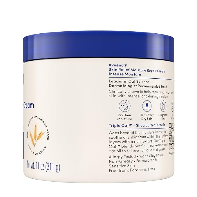 Aveeno Skin Relief Intense Moisture Repair Body Cream with Triple Oat & Shea Butter Formula, Helps Heal, Repair & Restore Very Dry Skin with Long-Lasting Moisture, Fragrance-Free, 11 oz