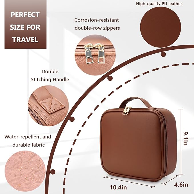 Makeup Bag with Led Mirror,Large Vanity Makeup Cases with 3 Color Setting,Portable Storage and Adjustable Dividers,for Women and Makeup Artists Cosmetic Organizer Travel Makeup Bag-Dark Brown