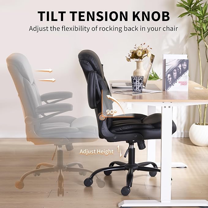 Home Office Ergonomic Desk Chair - Comfy Leather Executive Chair with Flip-Up Armrests, Lumbar Support, 360° Swivel & Rocking(Black)