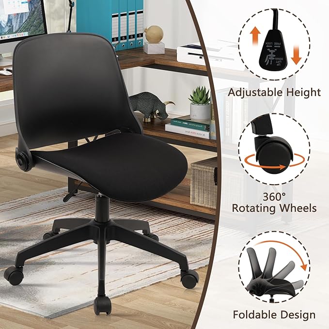 CLATINA Office Foldable Desk Chair with Wheels Adjustable Swivel Rolling Task Chair for Home Offiice Computer,Black(1 Pack)